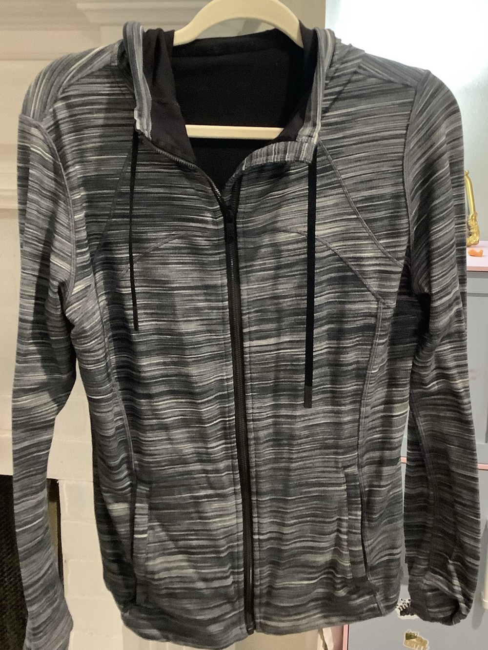 Lulu Lemon Athletic Striped Gray Zip-Up Hoodie Jacket, Size 12